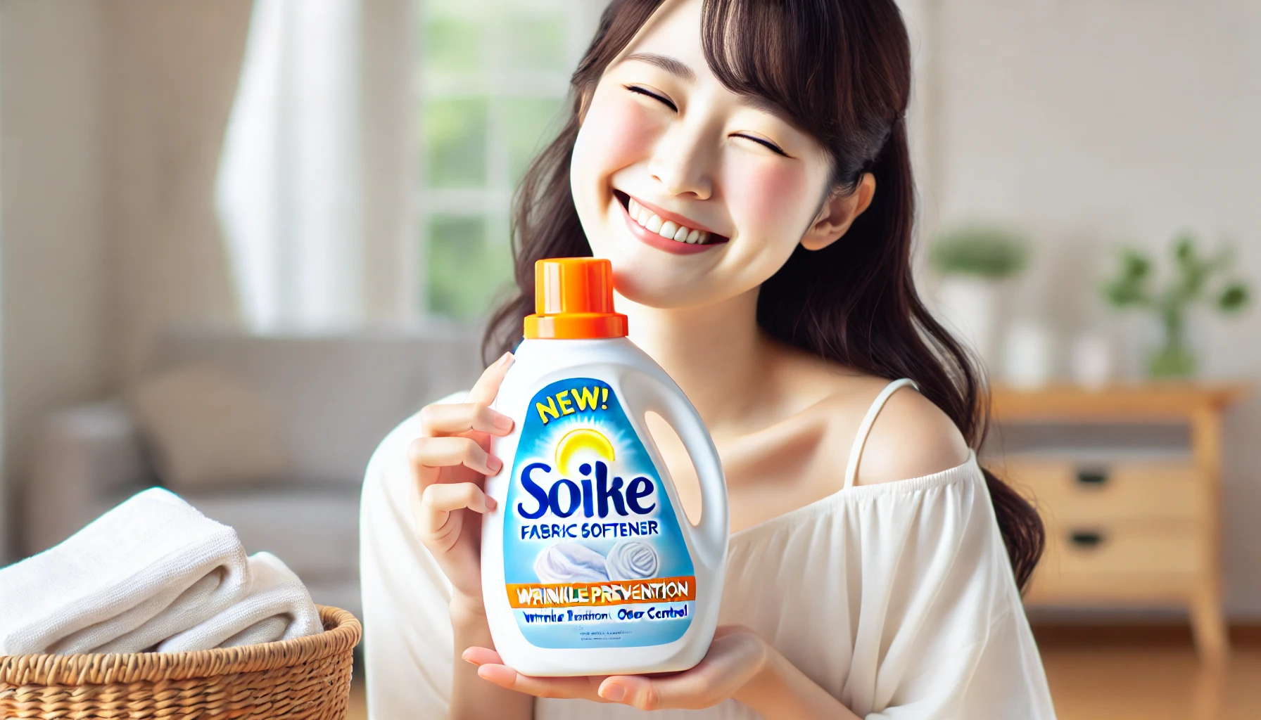 A high-quality image of a Japanese person happily holding a bottle of fabric softener, symbolizing the satisfaction of using a new fabric softener with wrinkle prevention, odor control, and long-lasting fragrance. The image should have a fresh and bright aesthetic, capturing a clean and pleasant atmosphere. The setting can be a simple modern home interior with soft lighting. The fabric softener bottle should be clearly visible with bright and appealing packaging.