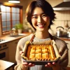 A Japanese person happily holding a freshly baked pie made with pie sheets (パイシート) in their cozy home kitchen. The kitchen is warm and inviting, with soft lighting and a sense of accomplishment and joy in the air. The pie is golden brown and delicious, still in the baking dish.