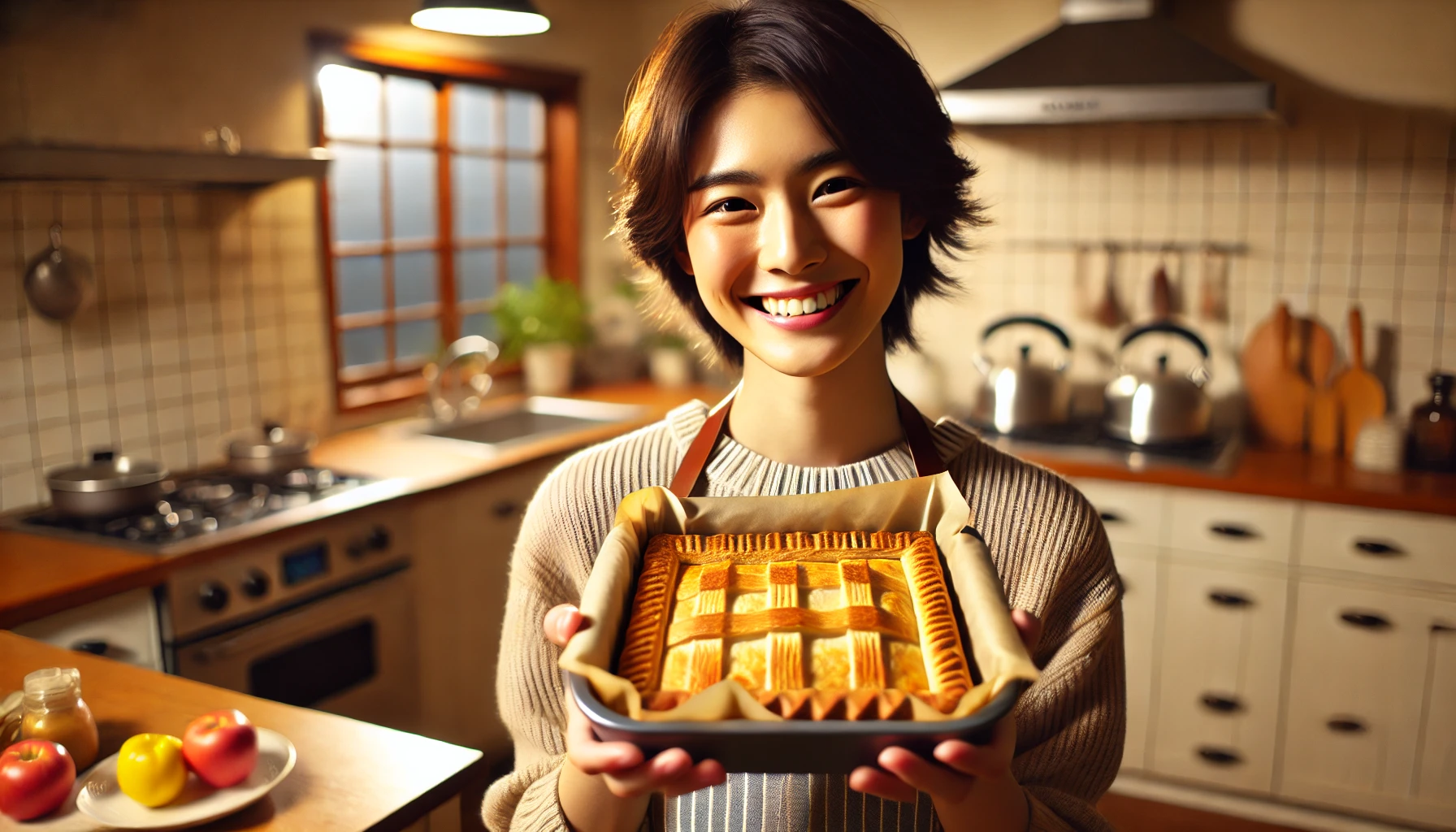 A Japanese person happily holding a freshly baked pie made with pie sheets (パイシート) in their cozy home kitchen. The kitchen is warm and inviting, with soft lighting and a sense of accomplishment and joy in the air. The pie is golden brown and delicious, still in the baking dish.