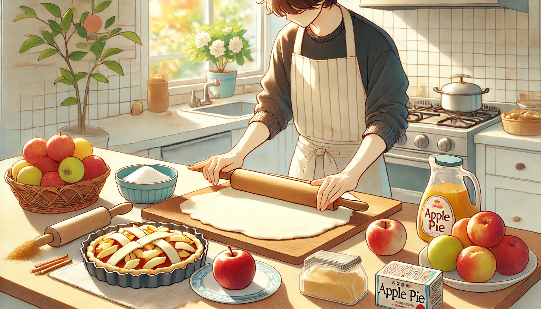 A kitchen scene with a Japanese person preparing a delicious homemade pie using pie sheets (パイシート). The counter has ingredients like apples, sugar, and cinnamon for making apple pie. The person is seen rolling out the dough, with a baking dish nearby, and the kitchen is bright and welcoming.