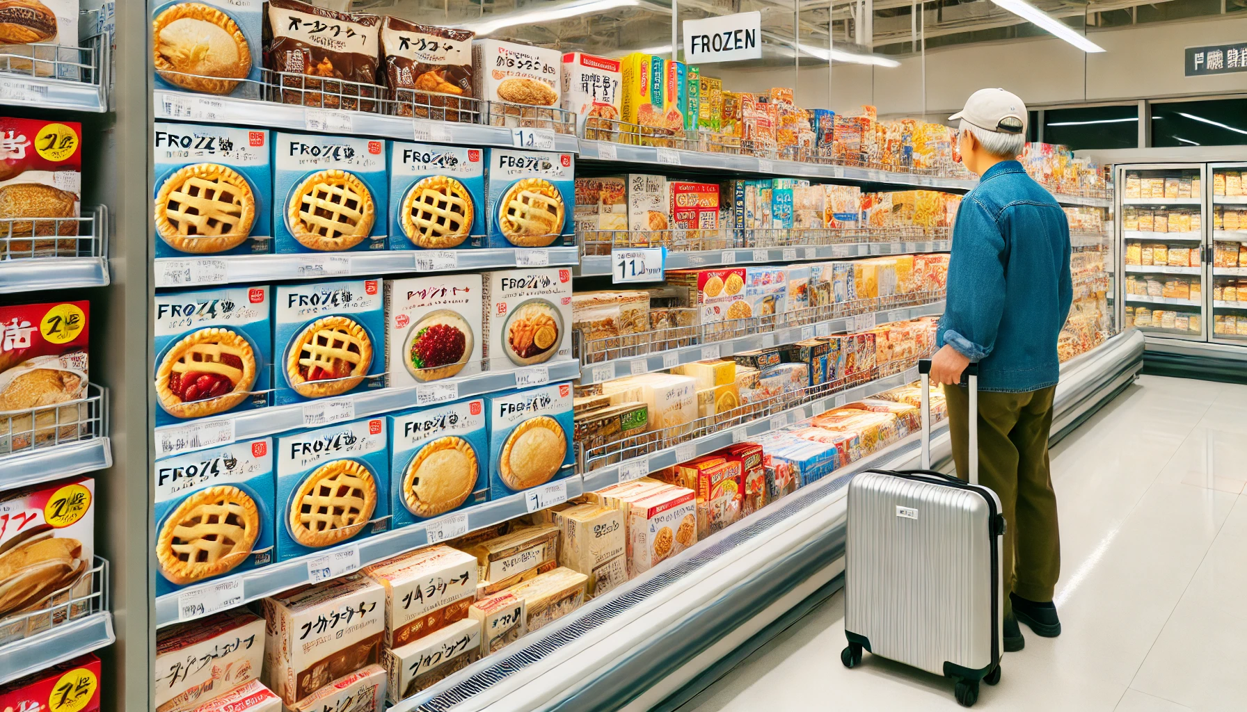 A well-organized supermarket shelf filled with frozen goods, including frozen pie sheets (パイシート), clearly labeled. The aisle is clean and bright, and a Japanese shopper is casually browsing the products, looking at the frozen section with interest.