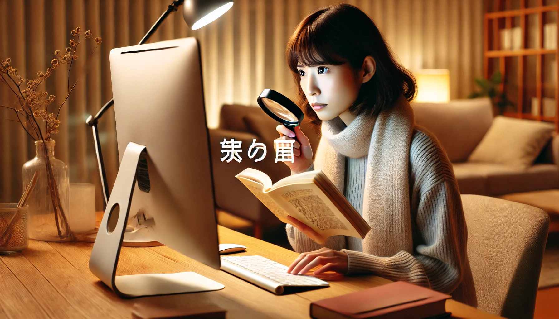 A Japanese person searching for 'パイシート どこに売ってる' on a computer or smartphone, looking focused and determined, in a modern cozy living room setting. The room is softly lit with warm lighting and has comfortable furniture around. The atmosphere is calm and thoughtful.