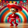 A red sombrero-wearing man-shaped toy dancing in a commercial, with a playful and festive background, reminiscent of old TV commercials, in vibrant colors.