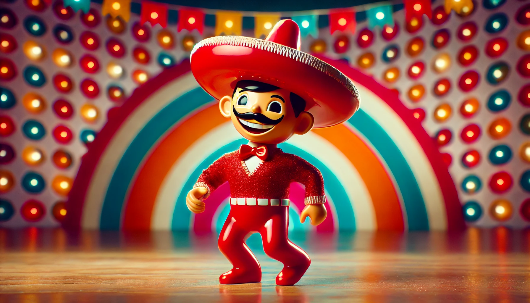 A red sombrero-wearing man-shaped toy dancing in a commercial, with a playful and festive background, reminiscent of old TV commercials, in vibrant colors.