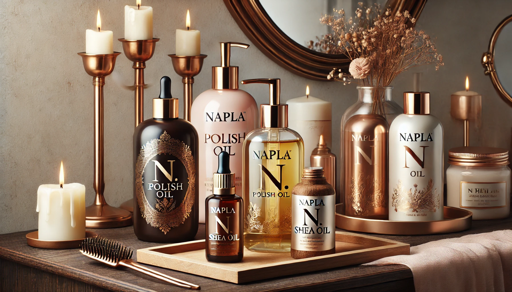 A collection of popular hair oils displayed on a stylish vanity table, including bottles of Napla N. Polish Oil and N. Shea Oil, with elegant packaging and clean, minimalistic design.