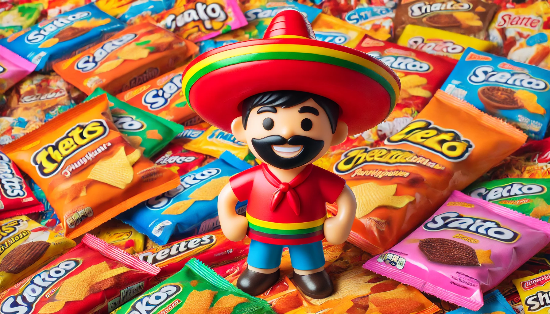 A red sombrero-wearing man-shaped toy as a popular character for snacks, surrounded by various colorful snack packaging, representing its popularity in the snack world, with a fun and vibrant atmosphere.