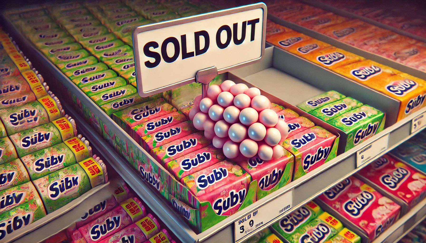 A thick, chewy gum candy with a bouncy texture, available in various flavors, displayed with a sign that says 'Sold Out.' The image reflects the confusion about the candy being discontinued, showing empty shelves and the candy packaging in the background. Horizontal (16:9) format.