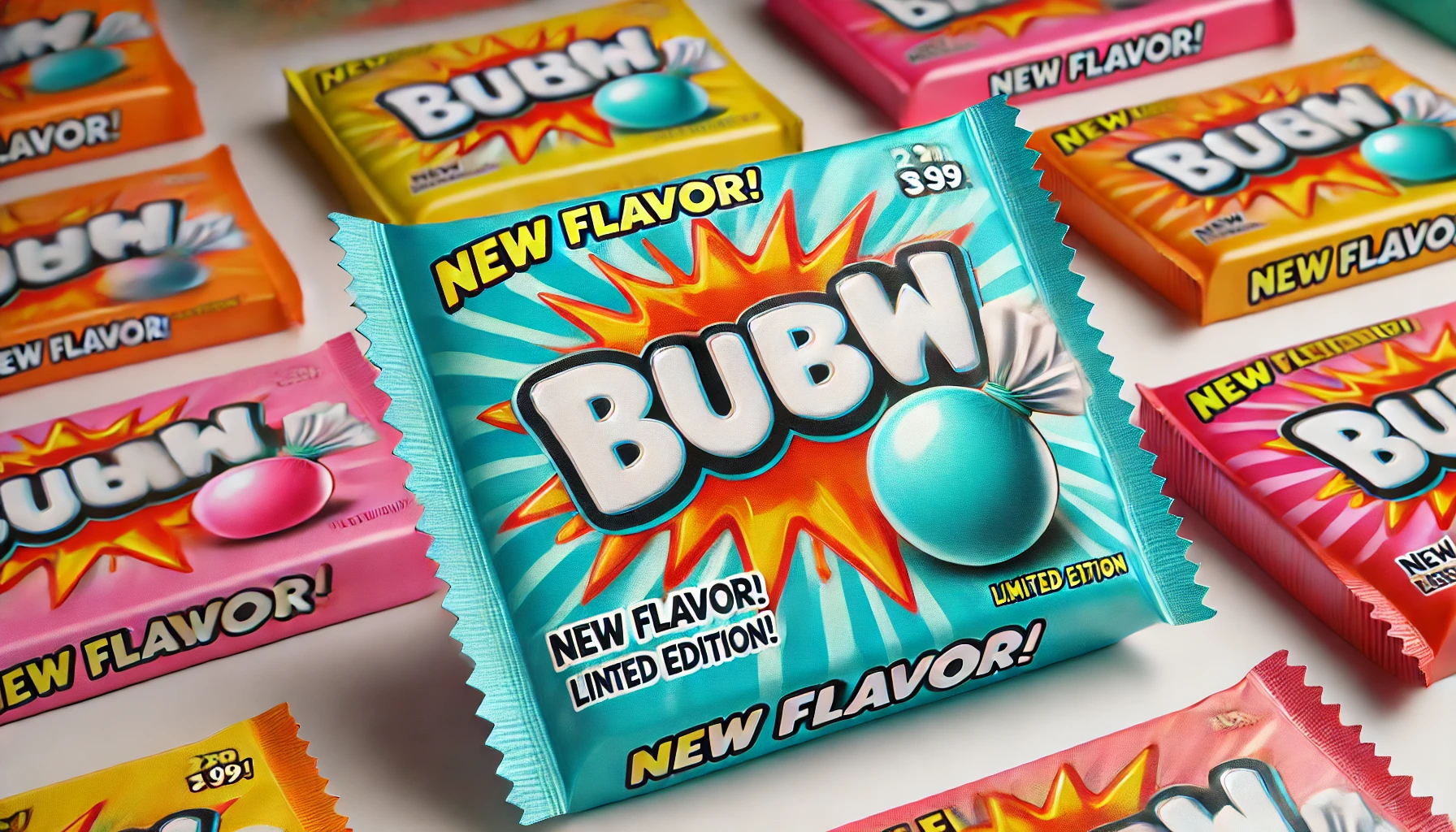 A thick, chewy gum candy with a bouncy texture, in a new flavor being launched, with vibrant packaging showing the exciting new release. The candy is displayed prominently, with text like 'New Flavor!' or 'Limited Edition' on the packaging to highlight its fresh appeal. Horizontal (16:9) format.