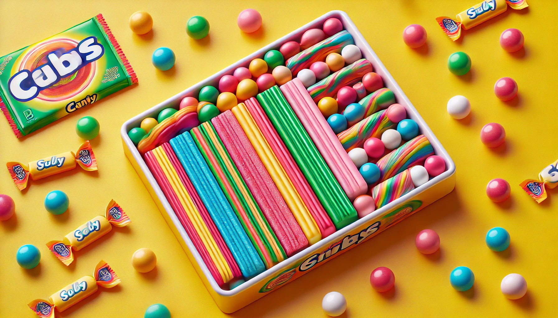 A thick, chewy gum candy with a bouncy texture, available in various flavors, displayed in a clean and colorful layout. The candy is stick-shaped, with vibrant colors representing different flavors like cola, grape, and soda. The image is bright and fun, capturing the appeal of this unique chewy candy in its packaging. Horizontal (16:9) format.