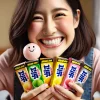 A happy person holding a thick, chewy gum candy with a bouncy texture in various flavors. The person is smiling, clearly excited to have the candy in their hands. The candy packaging is colorful, and the scene conveys joy and satisfaction. The person is Japanese and the setting is casual and cheerful. Horizontal (16:9) format.