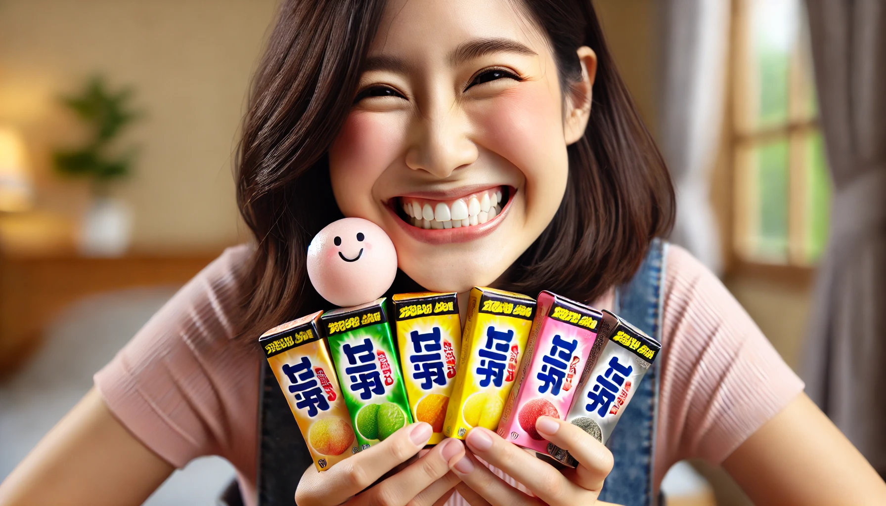 A happy person holding a thick, chewy gum candy with a bouncy texture in various flavors. The person is smiling, clearly excited to have the candy in their hands. The candy packaging is colorful, and the scene conveys joy and satisfaction. The person is Japanese and the setting is casual and cheerful. Horizontal (16:9) format.