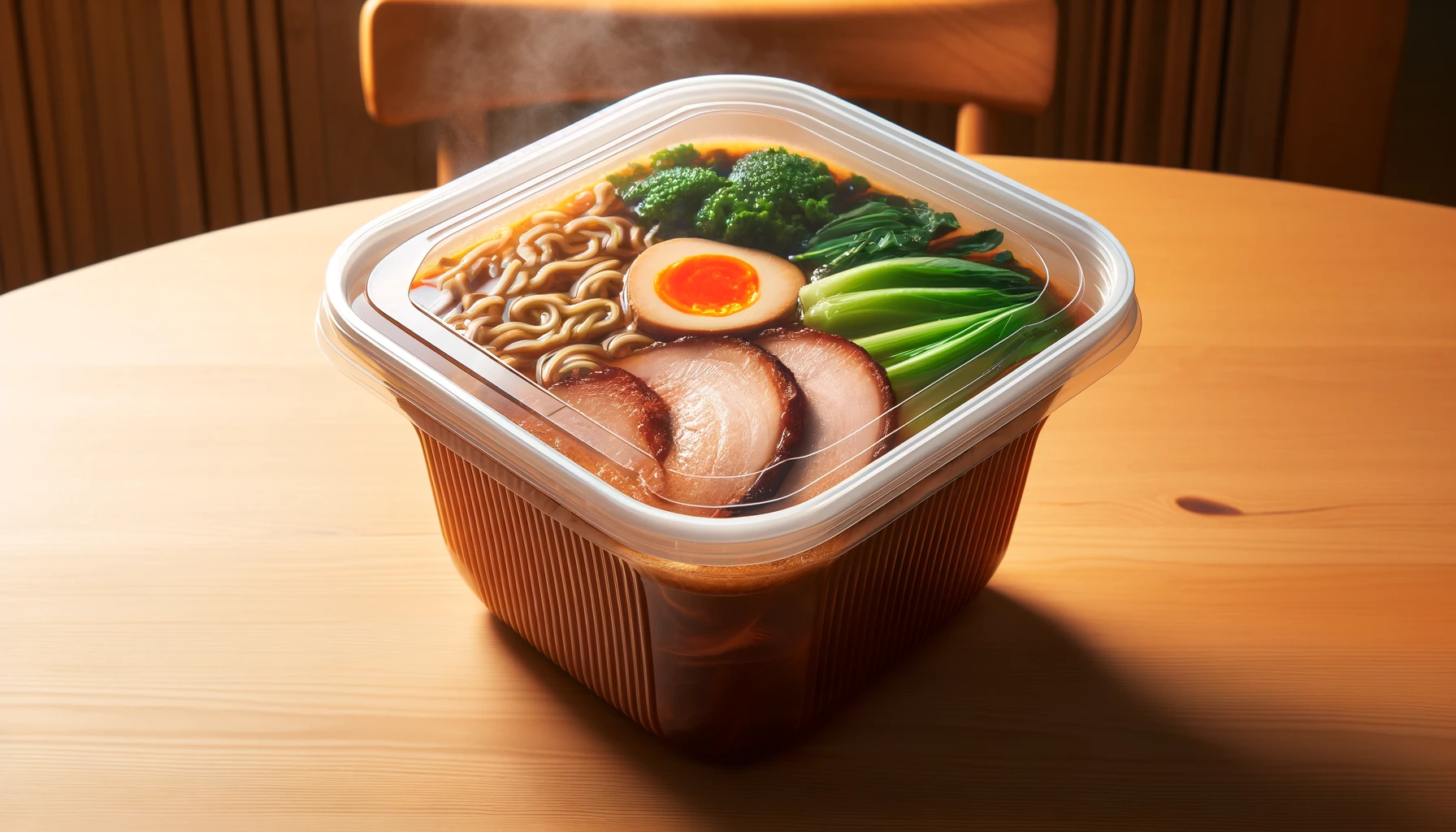 A large plastic container filled with a convenience store ramen, featuring vegetables and a thick slice of chashu pork, with a rich and thick broth. The packaging is modern and clean, typical of popular Japanese convenience stores. The container is placed on a wooden table, with steam rising, suggesting that the ramen is hot and ready to eat.