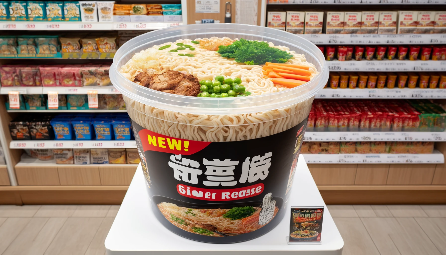 A large plastic container filled with a new release of convenience store ramen, featuring generous portions of noodles, vegetables, and pork. The packaging is new and modern, with eye-catching labels indicating it’s a new product. The container is placed on a promotional display at a convenience store, ready for customers to try.