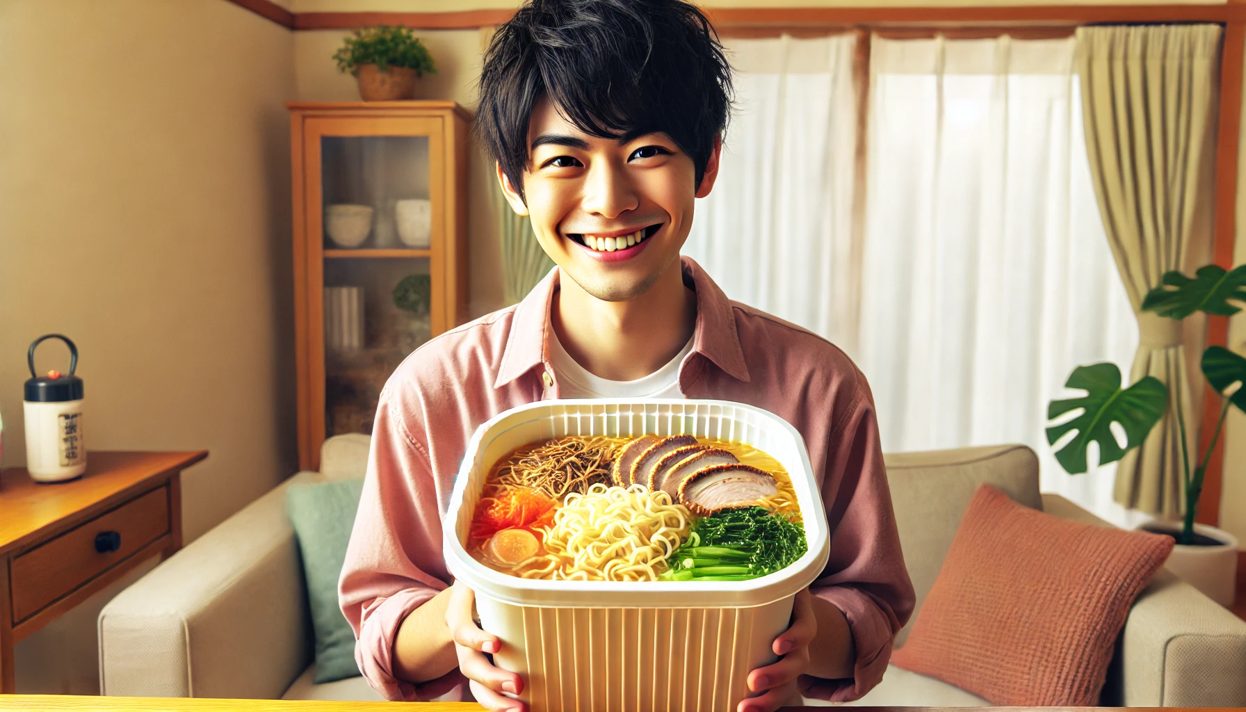 A happy Japanese person holding a large plastic container filled with convenience store ramen, featuring generous portions of noodles, vegetables, and pork. The person looks joyful as they are about to eat the ramen, in a cozy kitchen setting. The ramen container is steaming, suggesting it's hot and ready to eat.