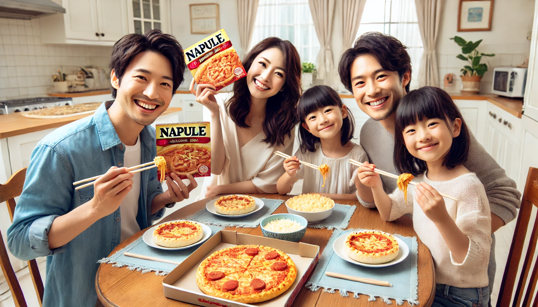 Happy Japanese family enjoying Napule's popular frozen pizzas at home, showing smiles and satisfaction while eating at the dining table.