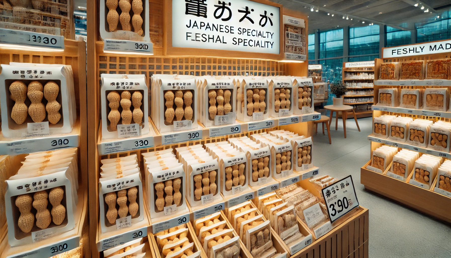 A display of peanut-shaped monaka (traditional Japanese confection) being sold in a popular store. The image captures a clean and organized setting, with several packages of the monaka stacked neatly. The shelves are well-lit, and there are signs or labels indicating the product and its features, such as 'freshly made' or 'local specialty'. The environment reflects a typical Japanese confectionery store.