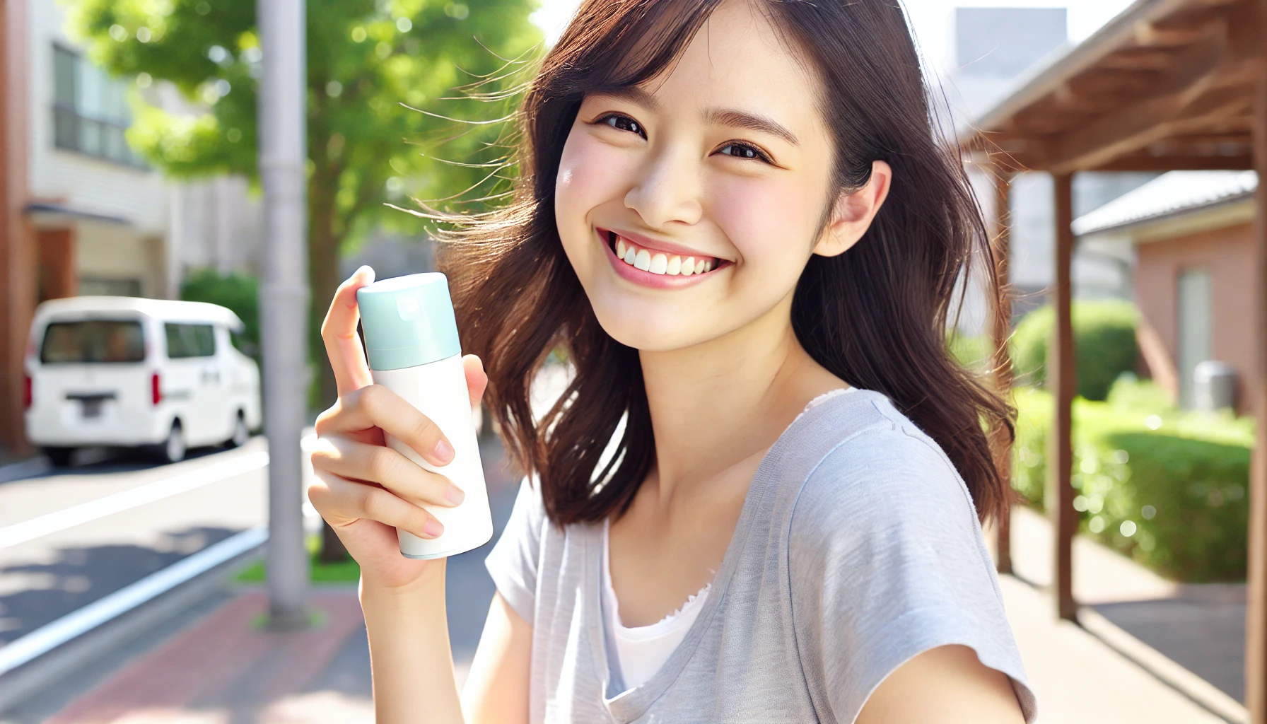 A joyful Japanese person, feeling fresh after using an unscented deodorant spray. They are smiling with a relaxed, refreshed expression, standing outdoors in a casual setting like a park or street. The background is bright, indicating a sunny day, and the person looks comfortable and confident, showing the positive effect of the deodorant.