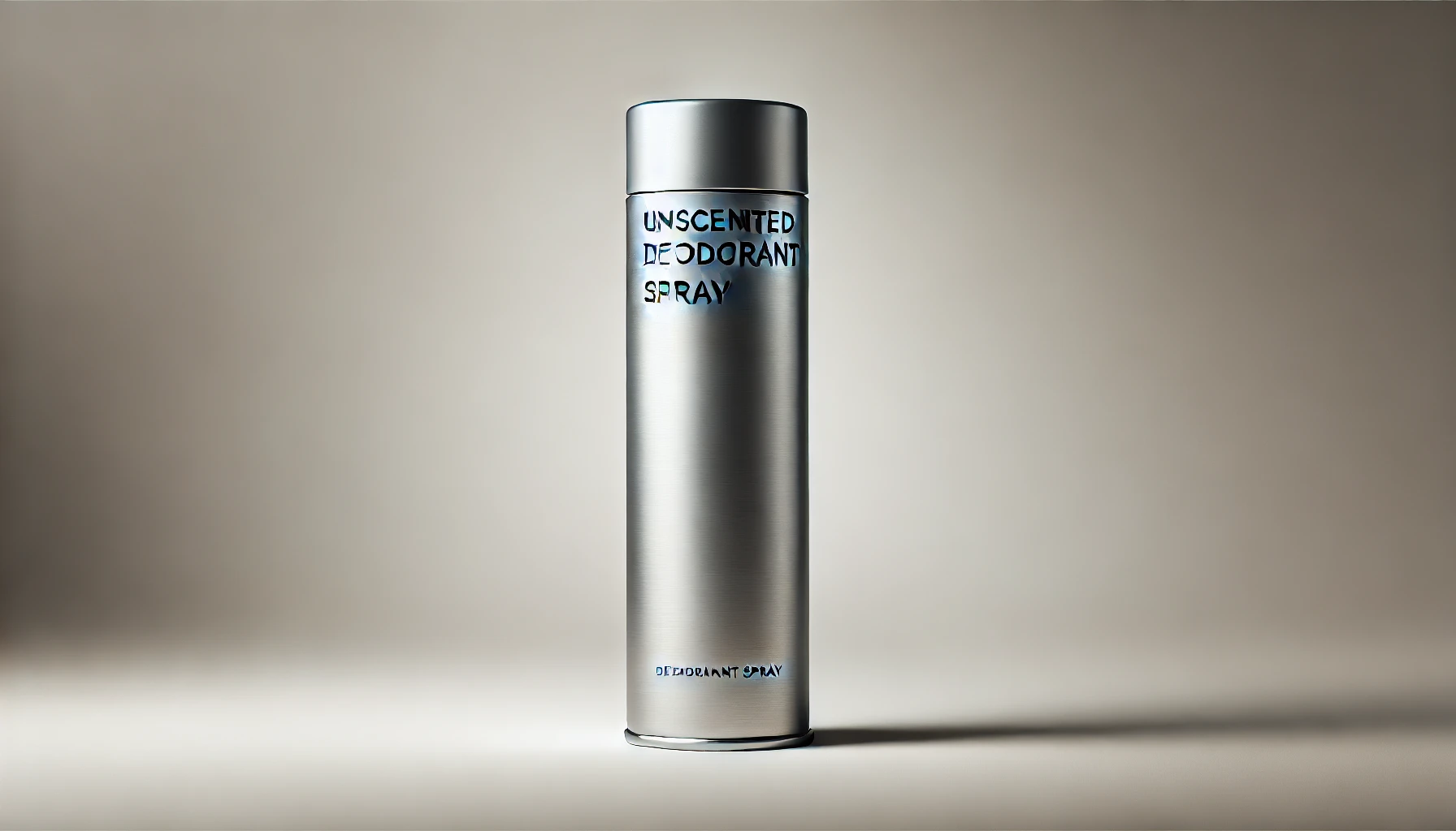 A sleek, cylindrical, unscented deodorant spray can with a clean, minimalist design placed against a plain background. The can is metallic silver, with a simple label indicating 'Unscented Deodorant Spray'. The setting is neutral and focuses on the product, showing the can upright with a modern, aesthetic feel.