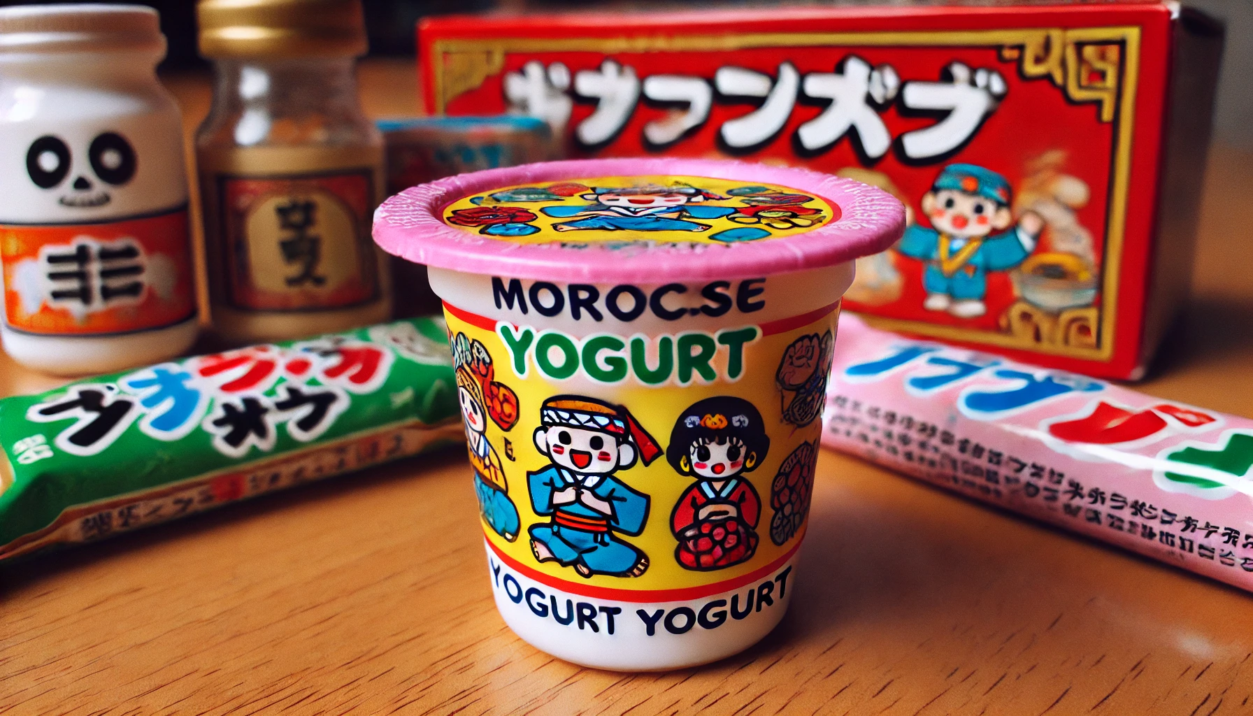 A close-up of a colorful yogurt-flavored candy container similar to 'Morocco Yogurt.' The small plastic cup has a bright and playful design, featuring Japanese characters and a fun illustration. It sits on a wooden table with other traditional Japanese dagashi packaging around, creating a nostalgic atmosphere. The container is neatly sealed with a plastic lid, typical of popular Japanese sweets.