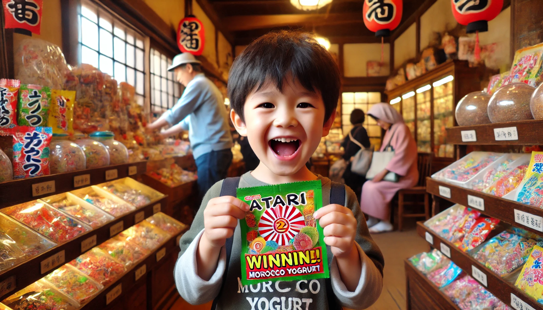 A Japanese child excitedly holding a candy package with an 'atari' (winning) sticker similar to a Morocco Yogurt prize. The child is smiling brightly, showing the 'atari' ticket. The background is inside a cozy traditional Japanese shop, filled with colorful candy and other dagashi. Other customers can be seen browsing the shelves, creating a nostalgic and joyful atmosphere.