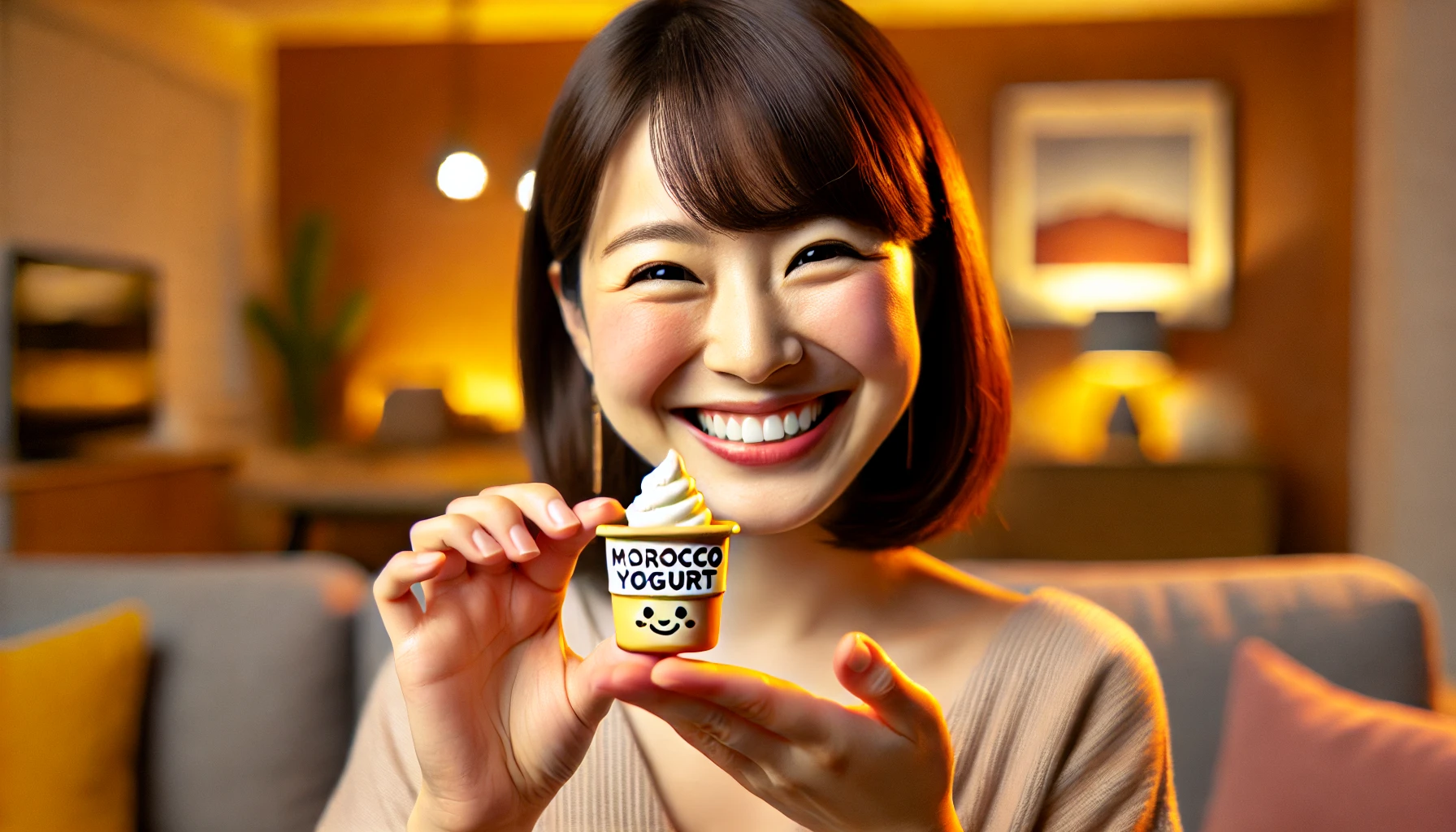 A Japanese woman happily holding a small collectible item or keychain resembling 'Morocco Yogurt.' She is smiling with excitement, showing the item close to the camera. The background is a cozy, modern living room with warm lighting. The woman is dressed casually, and the scene captures her joy in obtaining this unique candy-themed merchandise.