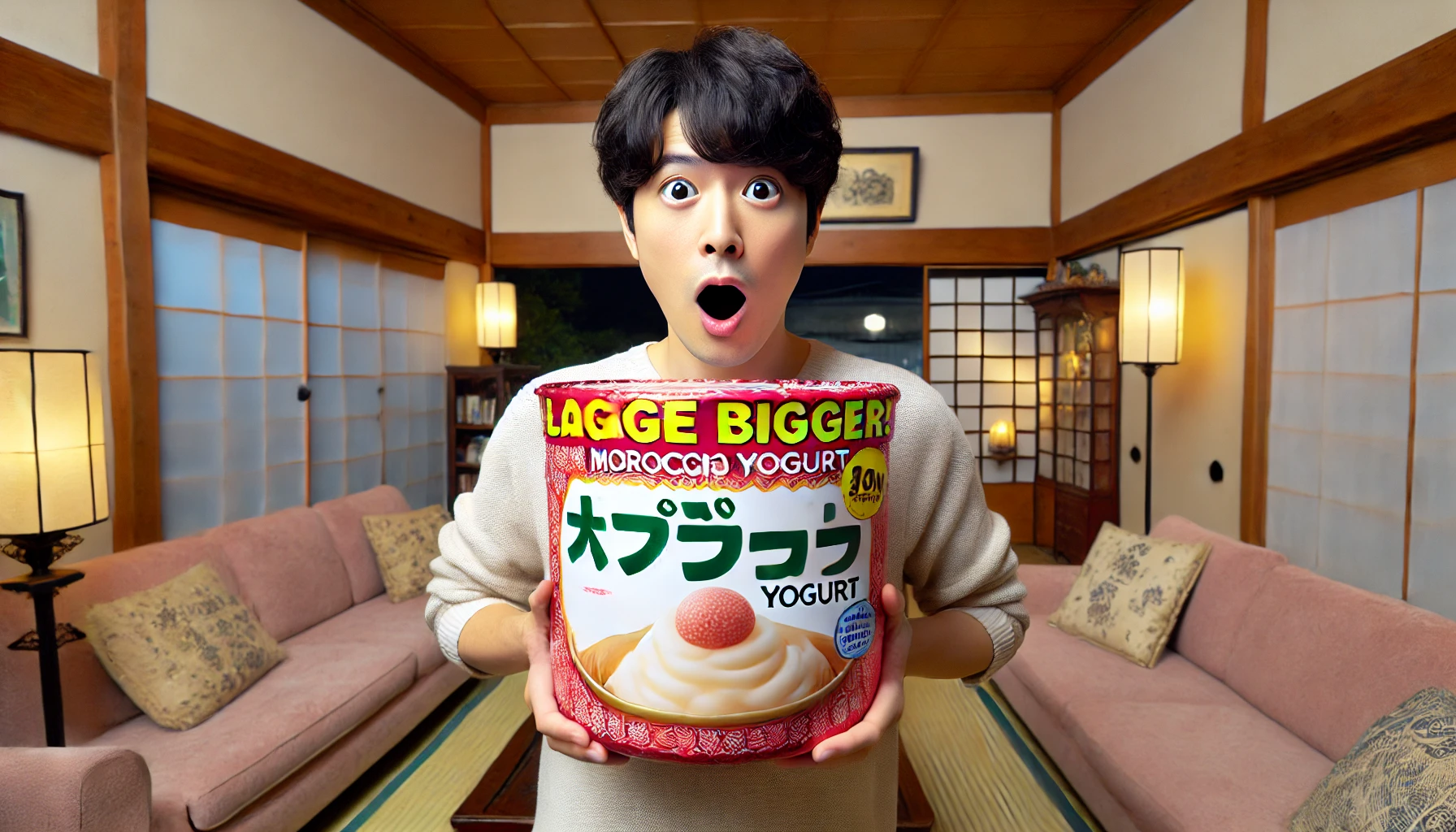 A Japanese man with a surprised expression holding a large-sized candy similar to 'Morocco Yogurt.' The candy is much bigger than usual, and the man is showing it to the camera with both hands. Behind him, a cozy living room with soft lighting and a traditional Japanese interior can be seen. The man's surprise and excitement highlight the novelty of the oversized candy.