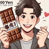 A happy person holding a chocolate bar they bought from a 100 yen shop in Japan. The image shows the person smiling and holding the chocolate bar proudly in front of them. The packaging is visible, and the person looks satisfied and excited. The background is simple, focusing on the joyful expression of the individual.