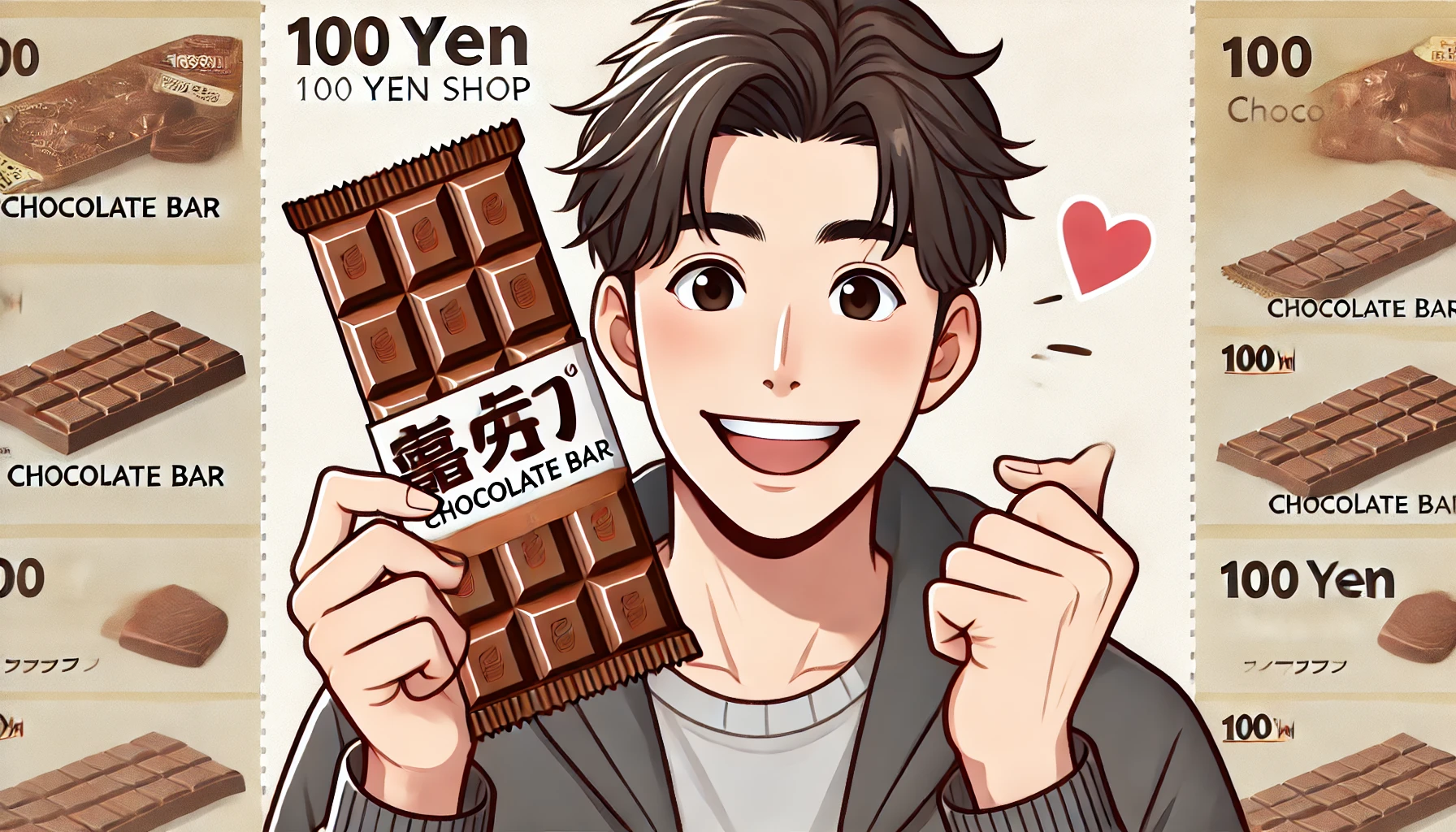 A happy person holding a chocolate bar they bought from a 100 yen shop in Japan. The image shows the person smiling and holding the chocolate bar proudly in front of them. The packaging is visible, and the person looks satisfied and excited. The background is simple, focusing on the joyful expression of the individual.