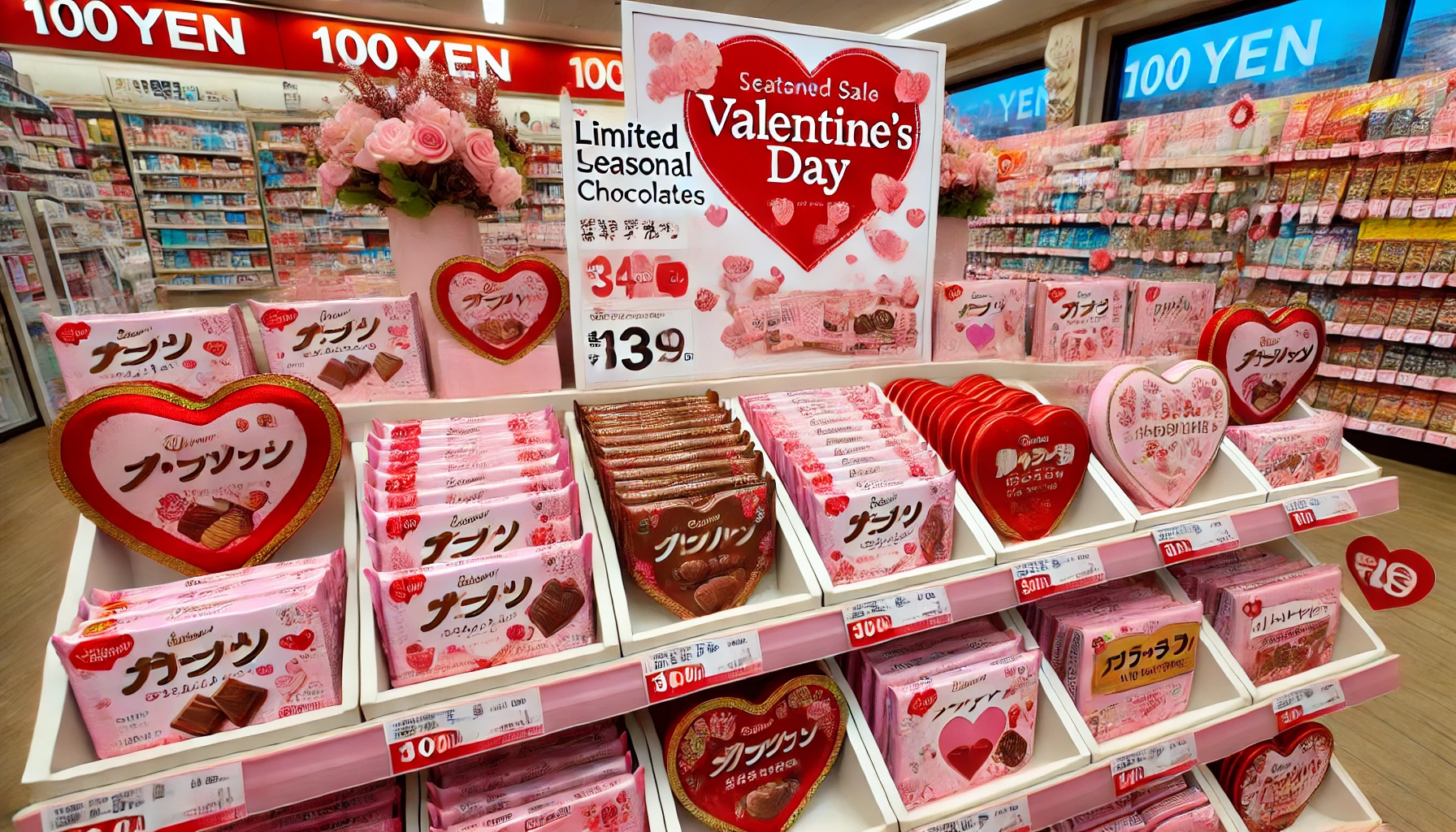 A display of seasonal chocolate bars for Valentine's Day at a 100 yen shop in Japan. The image shows heart-shaped packaging, pink and red designs, and Valentine-themed decorations around the shelves. A sign indicates the limited-time sale of the chocolates for the Valentine season.