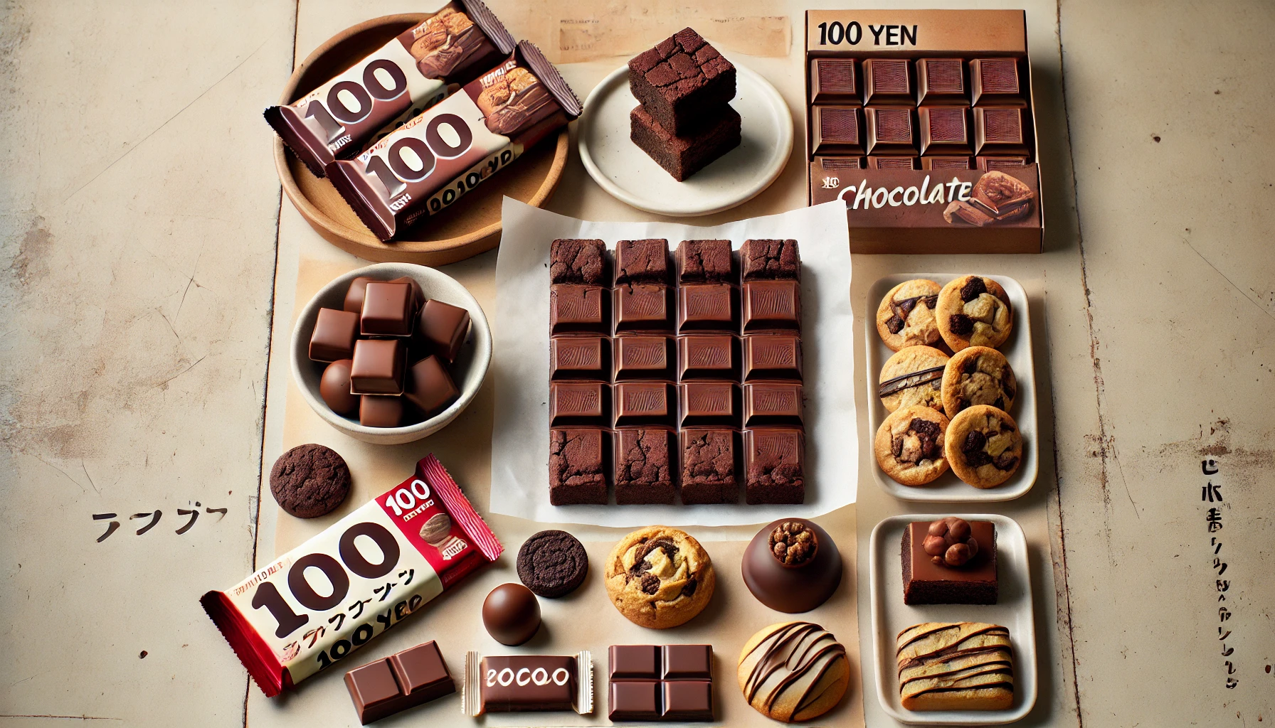 A collection of homemade desserts made with chocolate bars from a 100 yen shop in Japan. The image features simple treats like brownies, chocolate-covered cookies, and chocolate-dipped fruits. These desserts are arranged neatly on a table with minimal decorations, reflecting a homemade, cozy aesthetic.