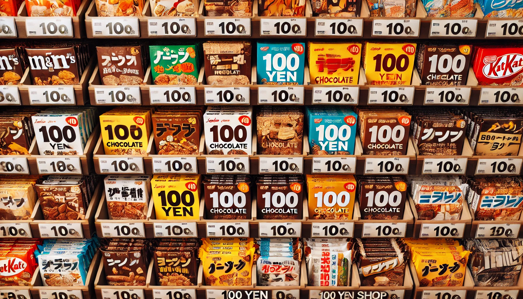 A display of chocolate bars on the shelves of a 100 yen shop in Japan. The image shows various chocolate bars neatly arranged with price tags indicating they are sold for 100 yen. The packaging includes simple designs, commonly seen in Japanese convenience stores, with bright colors and clear labels.