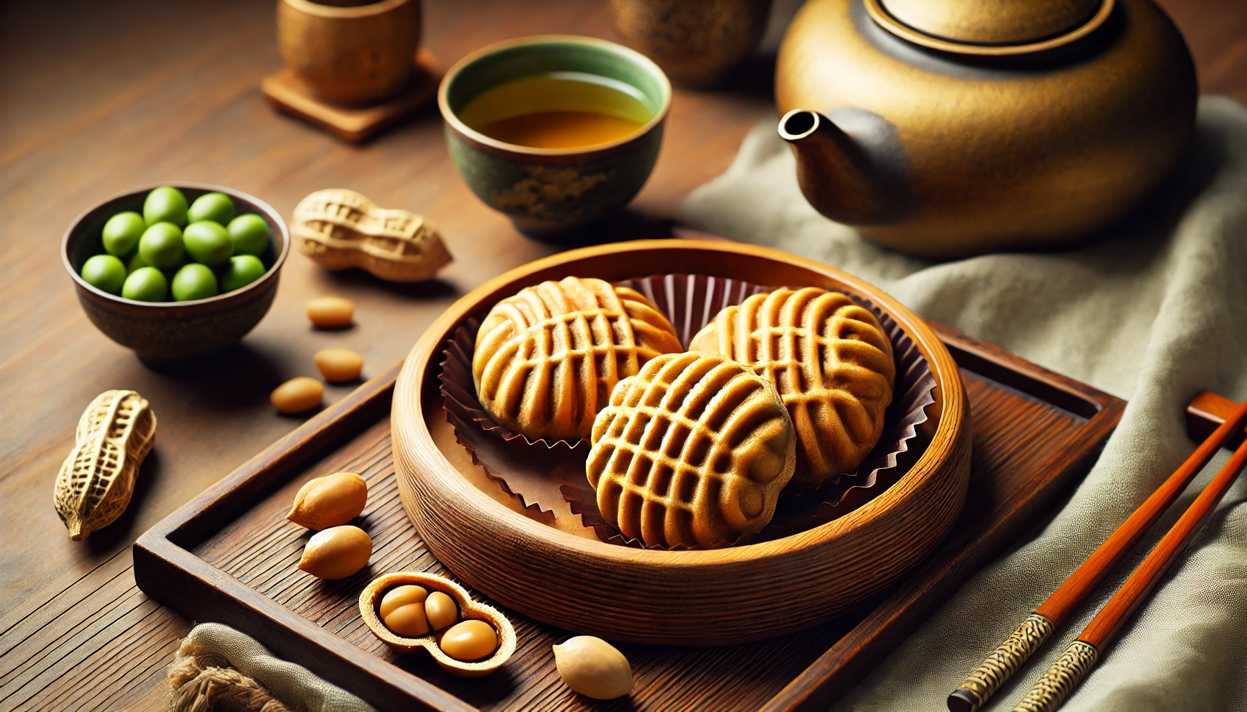 A popular peanut-shaped monaka (traditional Japanese confection) with a crispy shell, filled with fragrant peanut paste. The image shows several monaka displayed elegantly on a Japanese-style wooden tray, highlighting their popularity. The setting includes subtle elements like green tea and traditional Japanese ceramics, enhancing the cultural ambiance.