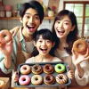 A happy Japanese family in a cozy kitchen, holding and showing off donuts they made using donut molds from a 100 yen shop. The donuts are decorated with colorful sprinkles and chocolate, and the family looks excited and joyful, celebrating their homemade creations.