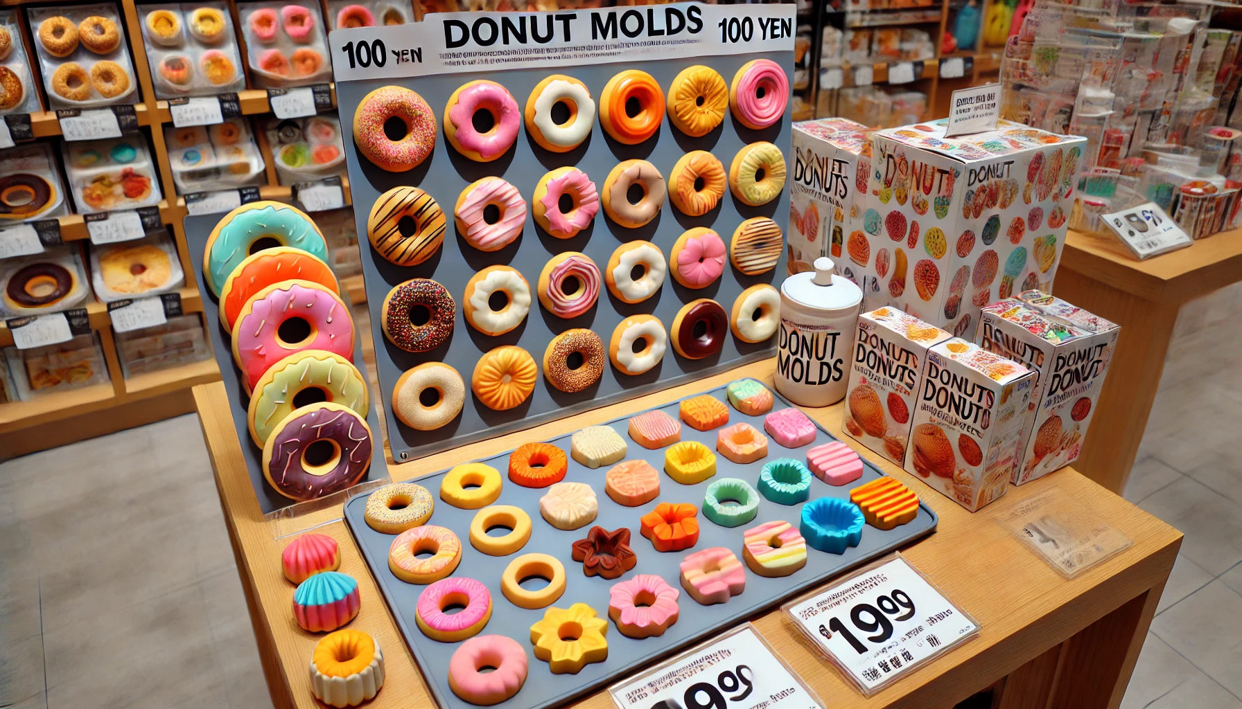 A colorful display of donut molds from a 100 yen shop, with different shapes and sizes, shown in a well-lit kitchen. The molds are presented on a counter, alongside some finished donuts that have been baked using these molds. A clear focus on the product design and variety.