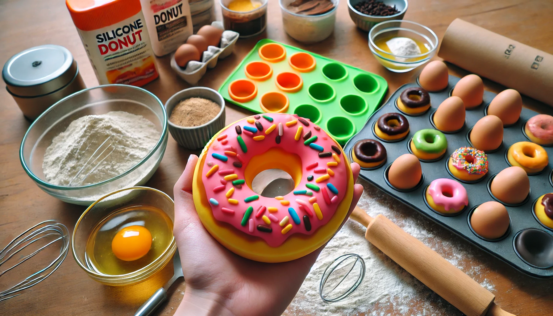 A close-up view of colorful donuts being made using silicone donut molds from a 100 yen shop. The kitchen counter has various ingredients like flour, sugar, eggs, and utensils. The donuts are being prepared, with some baked and others decorated with sprinkles and chocolate.