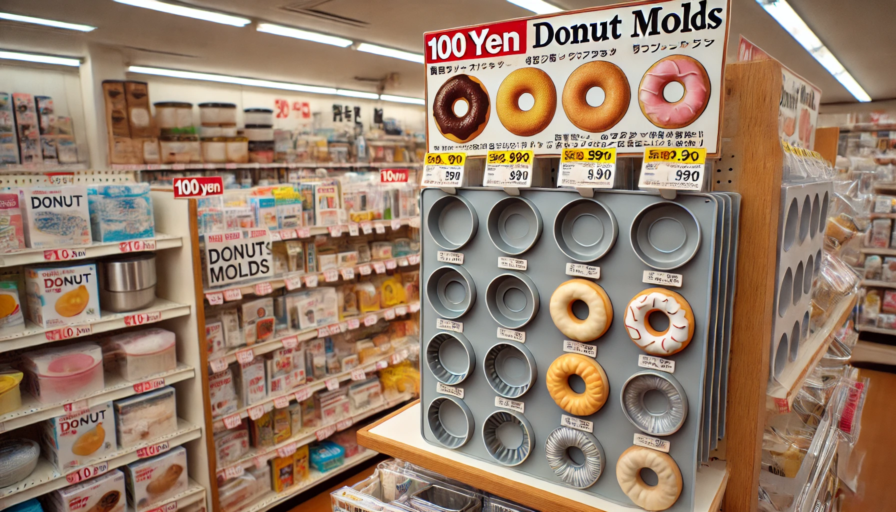 A display shelf in a 100 yen shop featuring a variety of donut molds. The molds are made of silicone and metal, available in different sizes and shapes. The background shows the typical interior of a Japanese 100 yen shop with shelves filled with other kitchen items.