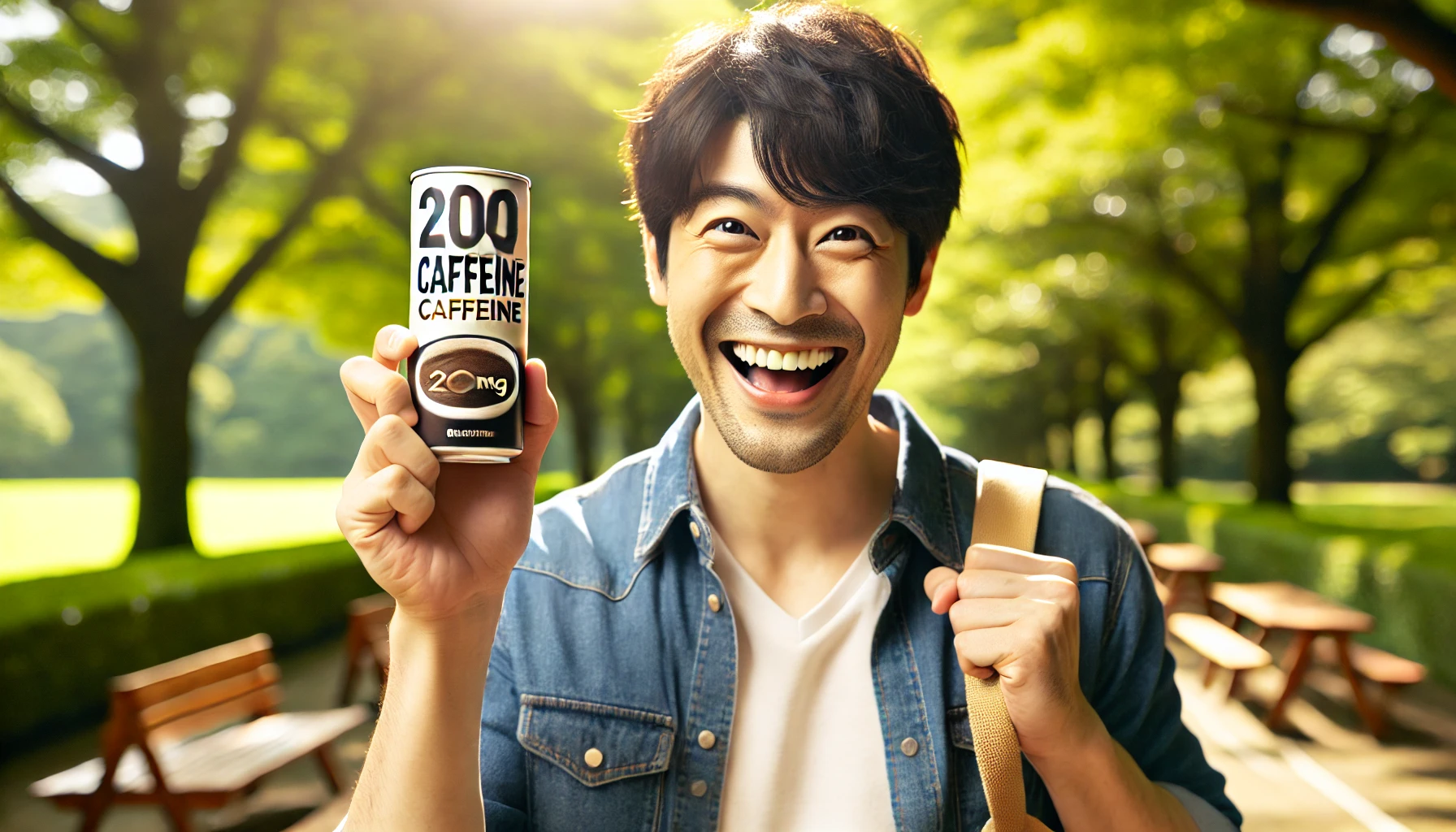 A Japanese man holding a can of coffee labeled '200mg caffeine', smiling and celebrating in a park. The man looks happy and satisfied, with bright surroundings, as if excited about the purchase of this high-caffeine coffee. The overall atmosphere is cheerful and uplifting, reflecting joy from acquiring the product.