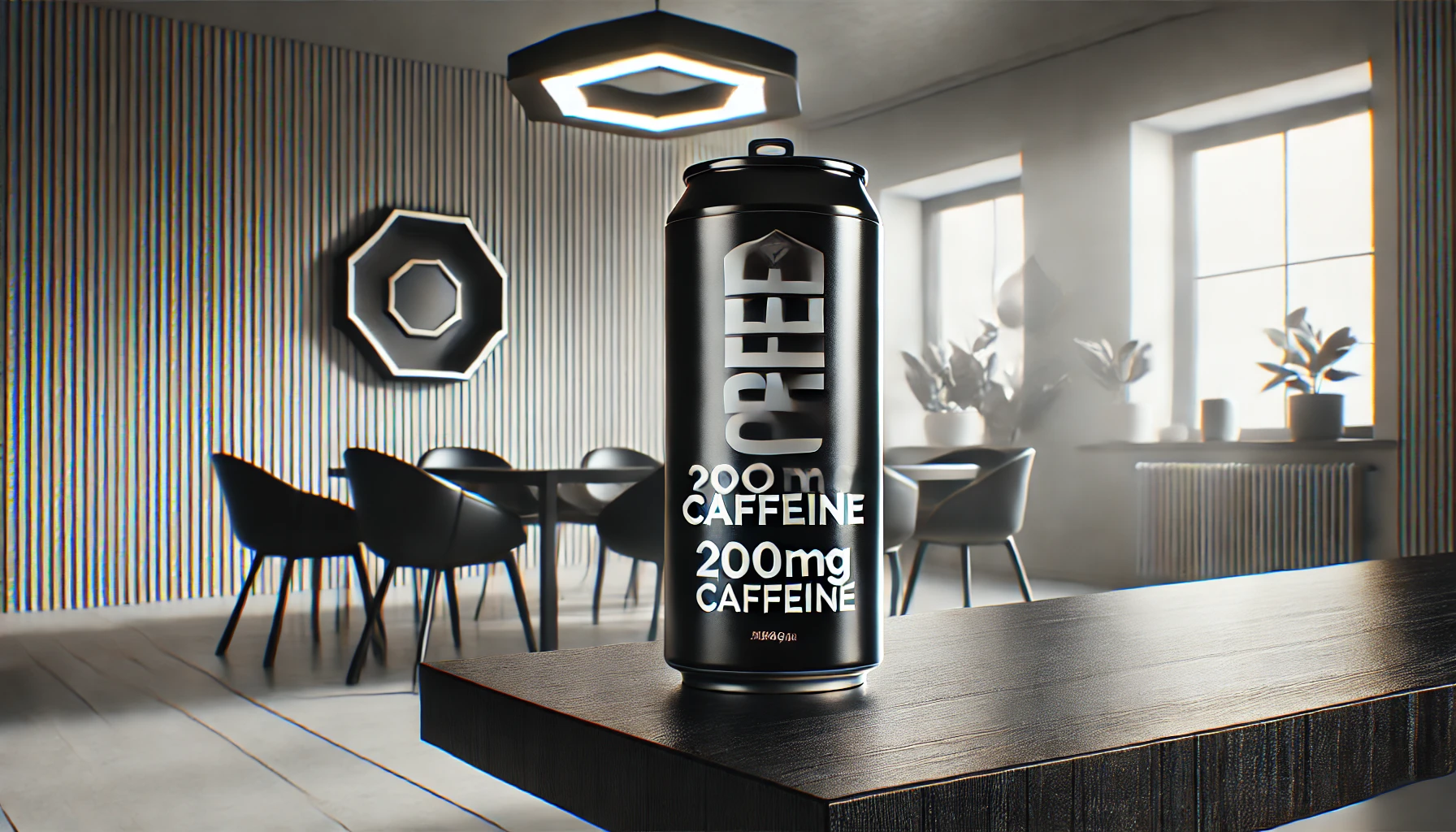 A can of coffee with an emphasis on the high caffeine content, displayed prominently on a modern, sleek table in a minimalist room. The coffee can has bold text showing '200mg caffeine' and the overall atmosphere is designed to highlight the intensity and energy associated with the high caffeine level.