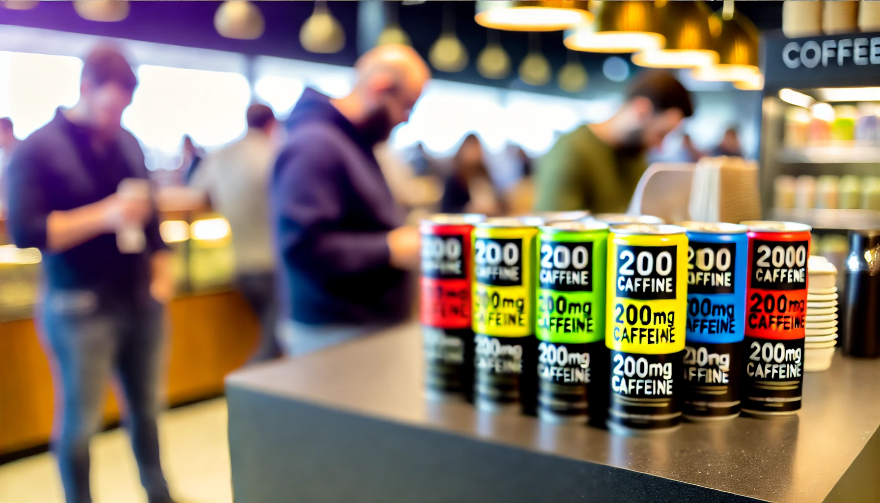 A vibrant scene in a modern café where several cans of coffee, each labeled with '200mg caffeine', are displayed on a counter. The focus is on the popularity of the coffee, with customers in the background showing interest and excitement. The scene reflects the high demand and appeal of the coffee's high caffeine content.