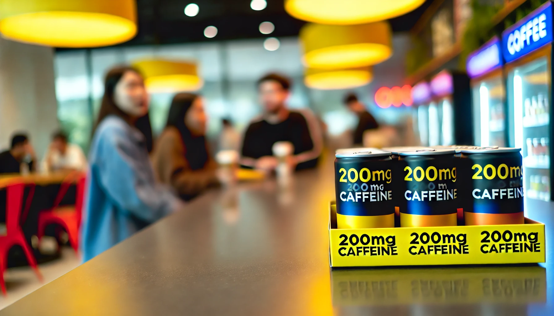 A vibrant scene in a modern café where several cans of coffee, each labeled with '200mg caffeine', are displayed on a counter. The focus is on the popularity of the coffee, with customers in the background showing interest and excitement. The scene reflects the high demand and appeal of the coffee's high caffeine content.