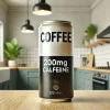 A can of coffee with a redesigned label showing '200mg caffeine', displayed in a bright, stylish kitchen setting. The can has a modern look to emphasize its recent rebranding. The atmosphere reflects the innovation and fresh design of the product, with light colors and clean lines.