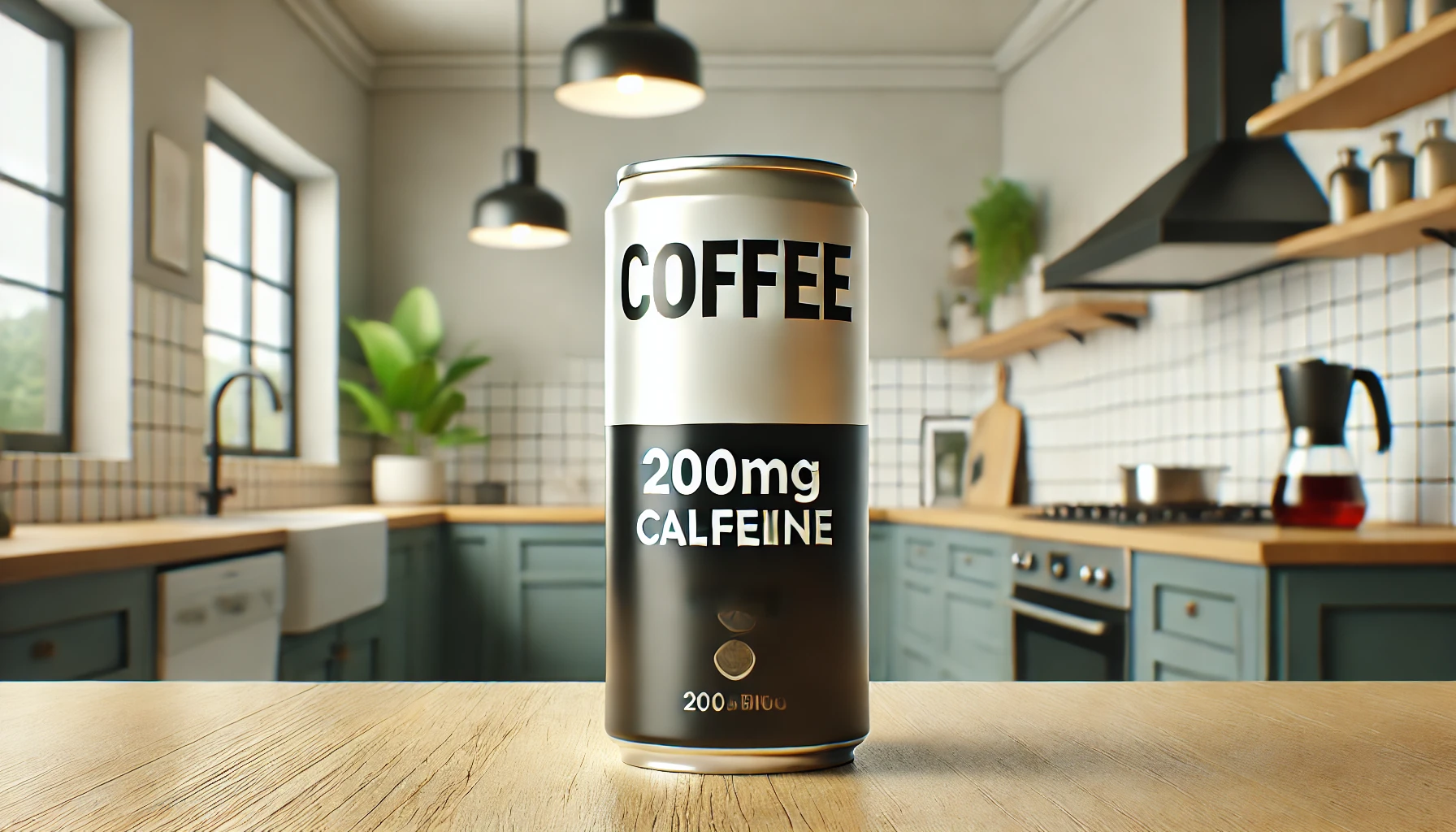 A can of coffee with a redesigned label showing '200mg caffeine', displayed in a bright, stylish kitchen setting. The can has a modern look to emphasize its recent rebranding. The atmosphere reflects the innovation and fresh design of the product, with light colors and clean lines.