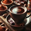 A cup of rich, hot cocoa made from 100% pure cocoa powder. The cup sits on a wooden table, surrounded by cocoa beans and a small dish of cocoa powder. The drink looks dark and velvety, with steam gently rising from it. The setting has a warm, cozy atmosphere, evoking a sense of comfort and indulgence.