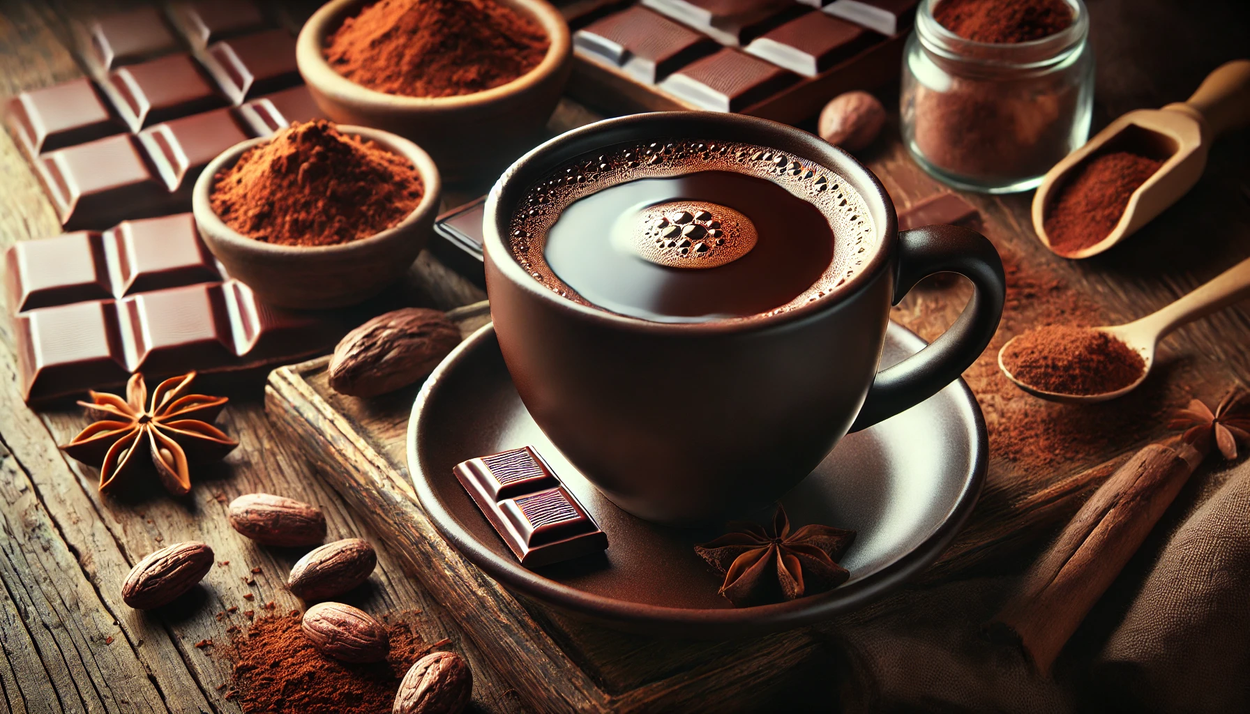 A cup of rich, hot cocoa made from 100% pure cocoa powder. The cup sits on a wooden table, surrounded by cocoa beans and a small dish of cocoa powder. The drink looks dark and velvety, with steam gently rising from it. The setting has a warm, cozy atmosphere, evoking a sense of comfort and indulgence.