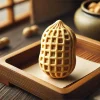 A close-up image of a peanut-shaped monaka (traditional Japanese confection) with a crispy shell, filled generously with fragrant peanut paste, displayed on a wooden tray. The monaka's texture is detailed, showcasing the contrast between the crispy outer shell and the creamy peanut filling inside. The setting is minimalistic, highlighting the simplicity and elegance of the treat.