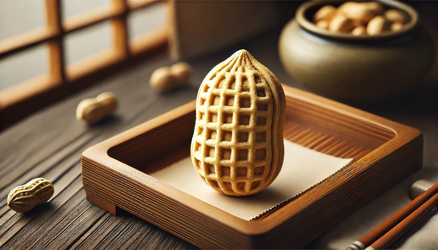 A close-up image of a peanut-shaped monaka (traditional Japanese confection) with a crispy shell, filled generously with fragrant peanut paste, displayed on a wooden tray. The monaka's texture is detailed, showcasing the contrast between the crispy outer shell and the creamy peanut filling inside. The setting is minimalistic, highlighting the simplicity and elegance of the treat.