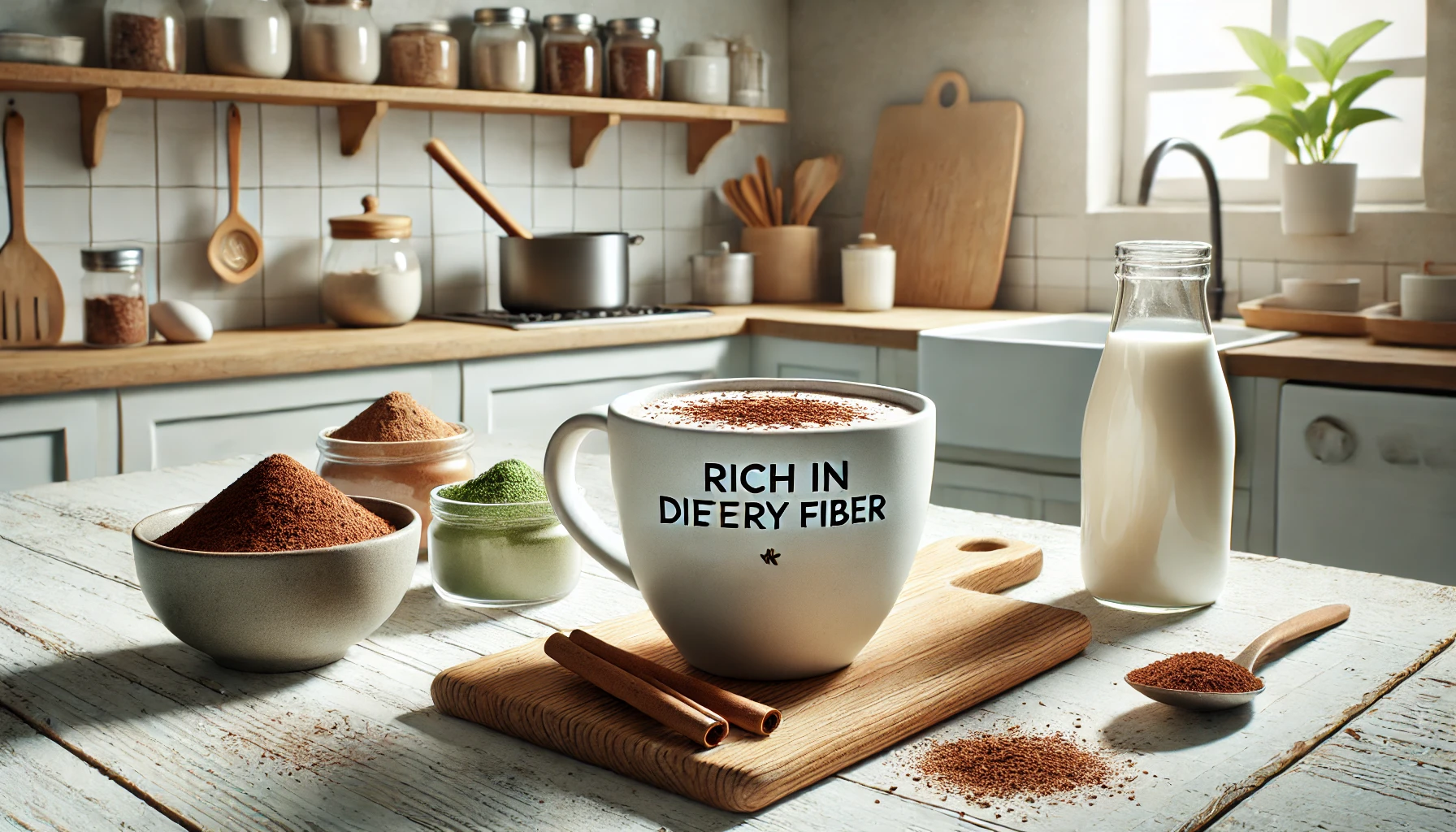 A cup of hot cocoa in a clean, modern kitchen setting. The drink is labeled as being rich in dietary fiber, specifically targeting gut health. The kitchen has a minimalist, healthy vibe, with ingredients like cocoa powder and plant-based milk nearby. The cocoa looks healthy but indulgent, with a focus on improving digestion and gut wellness. Light, airy colors dominate the space, reflecting the health-conscious theme.