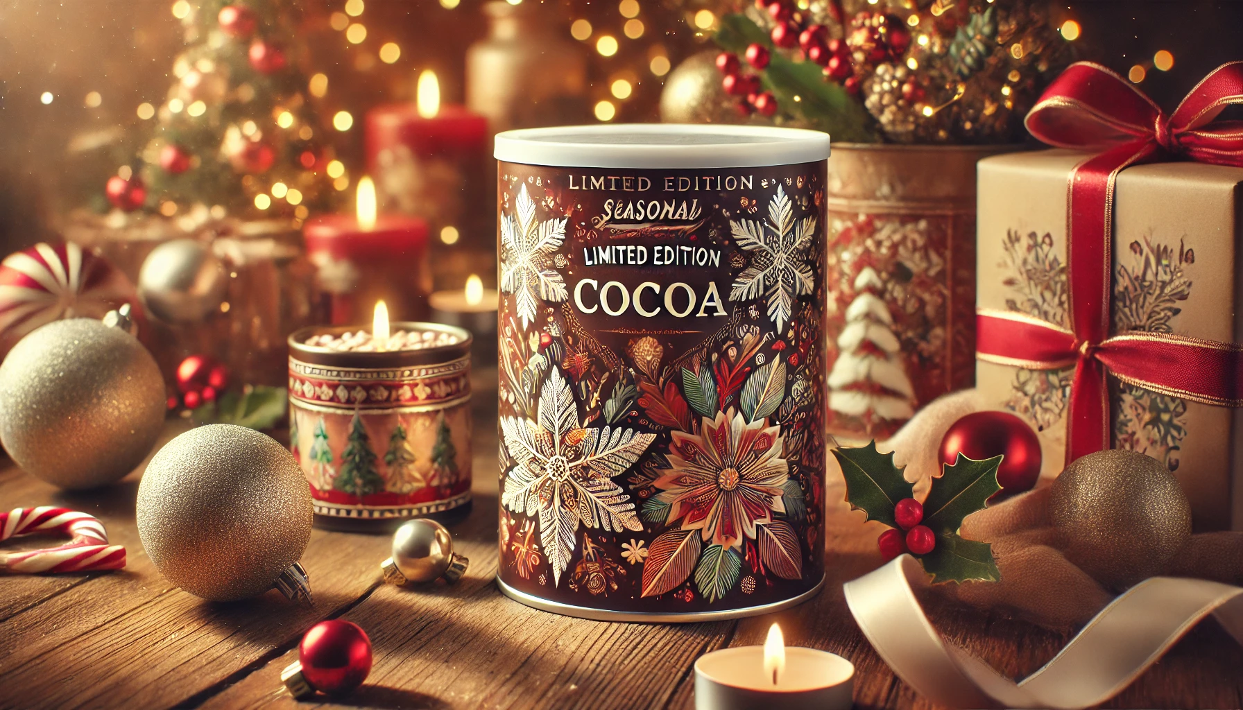 A seasonal, limited edition cocoa can with festive holiday designs featuring snowflakes and warm colors. The can is displayed on a wooden table, with small holiday decorations like holly, candles, and ribbons surrounding it. The atmosphere feels cozy and festive, perfect for winter. The cocoa can is elegantly designed, making it ideal for gifting. The scene is inviting, evoking warmth and celebration.