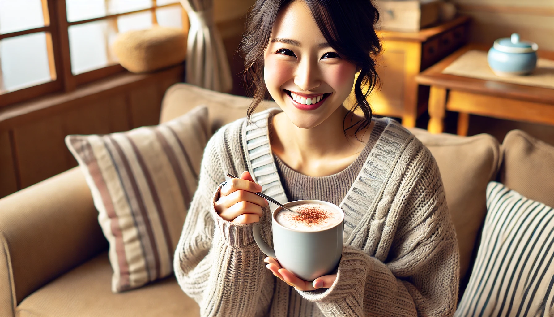 A happy Japanese person holding a hot cup of cocoa in a cozy living room. The individual is smiling and wearing casual winter clothing, like a warm sweater. They are enjoying the cocoa while sitting on a comfortable sofa, with a few decorative elements like pillows and a blanket nearby. The setting feels warm and inviting, showcasing the joy of having a beloved, traditional drink during a cold day. The scene captures a moment of comfort and happiness.