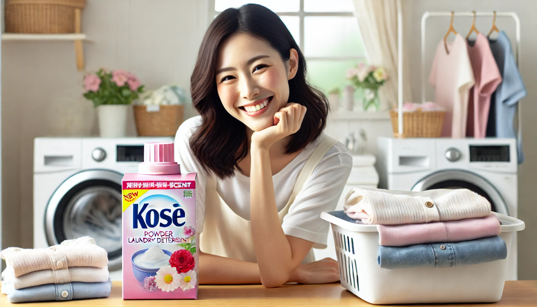 A Japanese person standing happily in a bright and clean laundry room, just after using a powder laundry detergent. The person is smiling and looking satisfied, with freshly washed and folded clothes in the background. The laundry detergent box, featuring flowers and a soft scent theme, is on the counter. The image emphasizes the joy and satisfaction after using the product. The image is wide (16:9).